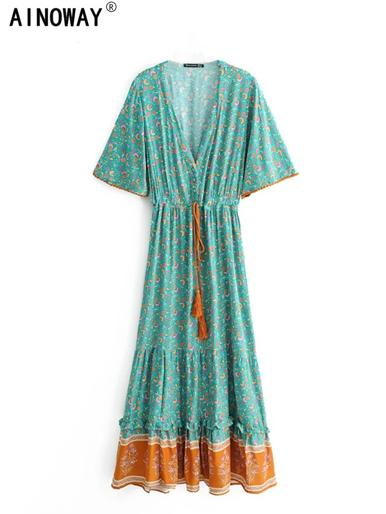 Vintage Bohemian Mexican Floral Print V Neck Elegant Chic Loose Short Sleeve Midi Dress