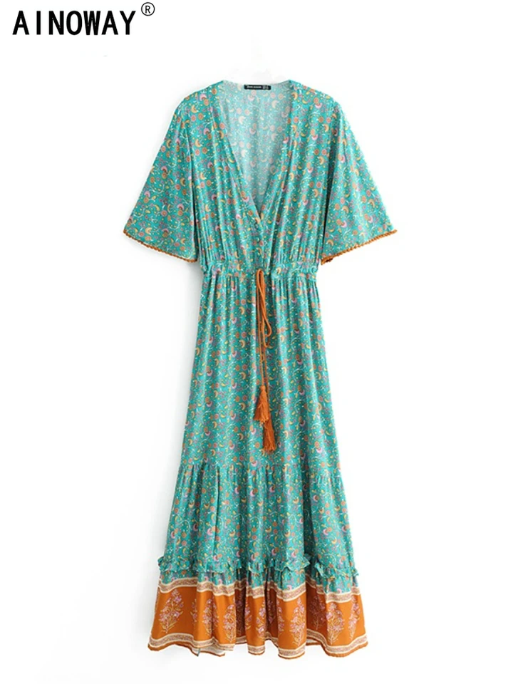 Estampado Floral Boho Vestido Largo Caftán Bohemio Para Mujer - Vestido De Playa Para Cubrir Bañador, Talla Grande, Tejido Suave Cubre Bañador Verano