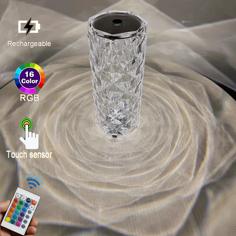 

Crystal Lamp LED Rose Light Projector 3/16 Colors Touch Adjustable Romantic Diamond Atmosphere Table Light USB Touch Night Light