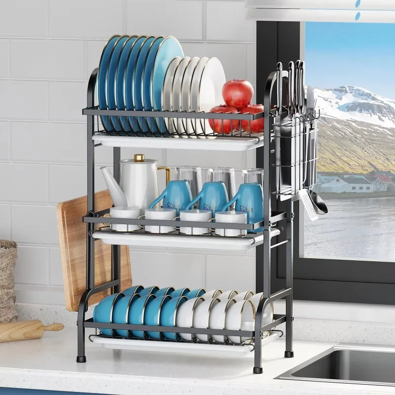 2-Tier Compact Dish Drainer Rack Rust-Proof Kitchen Dish Storage Organizer with Utensil Tray Cup Holder Knife Storage Block