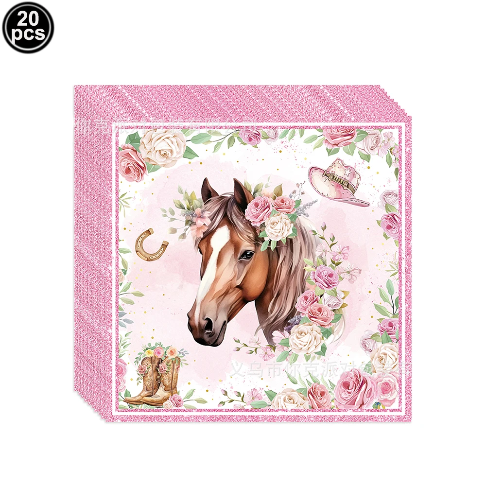 Pferde-Party Geschirr-Set mit Tellern, Servietten und Bechern in Rosa, Cowgirl Western-Thema Tischdekoration für Geburtstag und Babyparty – Detail 8