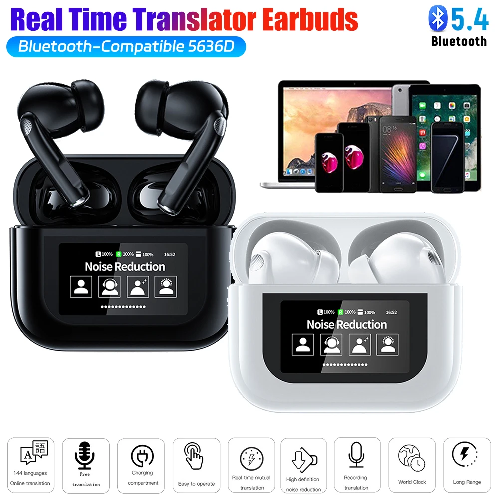 Wireless BT 5.4 Real Time Translator Earbuds ANC Noise Cancelling 144 Languages Translation Earphones Smart Touch Screen Housing