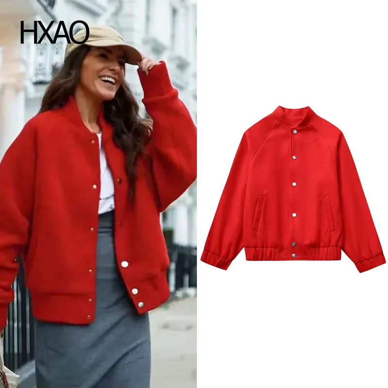 

HXAO Cropped Jackets for Women Red Baseball Jackets Faux Wool Coat Spring Woolen Jacket Demi-Season Jacket Casual Bomber Jackets