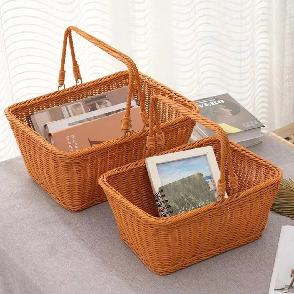 Imitation Vine Weaving Picnic Basket Food Storage Baskets Flowerpot Fruit Vegetable Container Home Kitchen Decor Organization