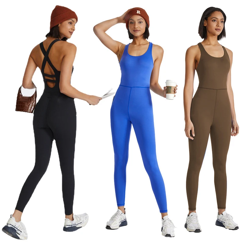

Women Jumpsuit For Gym One Piece Outfits Clothes Cross Shoulder Sleeveless Elastic Casual Fitness Yoga Workout Sports Bodysuit