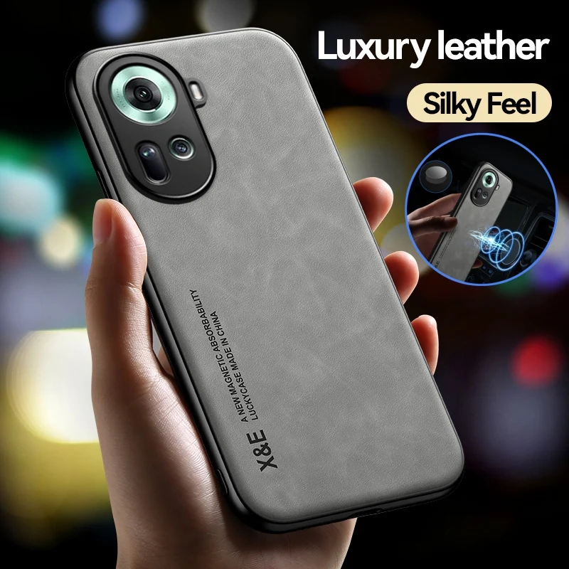 Leather Silicone Shockproof Phone Case with Car Magnetic Holder - Fits OPPO Reno 11 Series