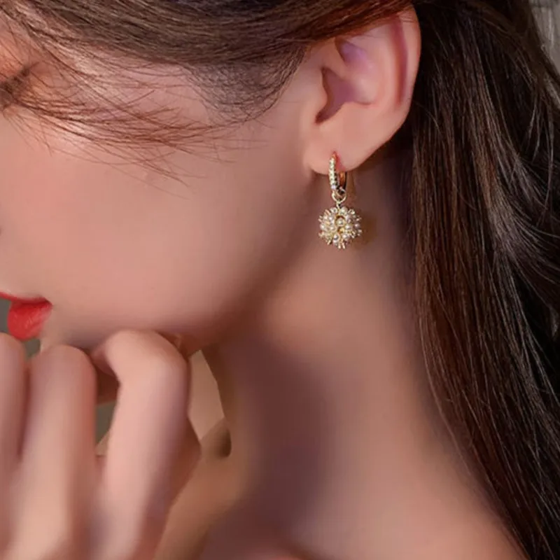 2024 New Trend French Pearl Zircon Hoop Earrings for Women Delicate Summer Fashion Ball Dangle Earring Jewelry Gifts