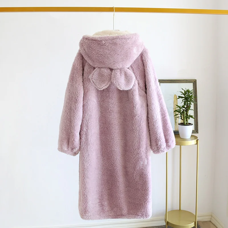 Mid-Length Flannel Bathrobe For Women Winter Solid Color Long-Sleeved Hooded Ladies Nightgown 2023 New Simple Casual Sleepwear