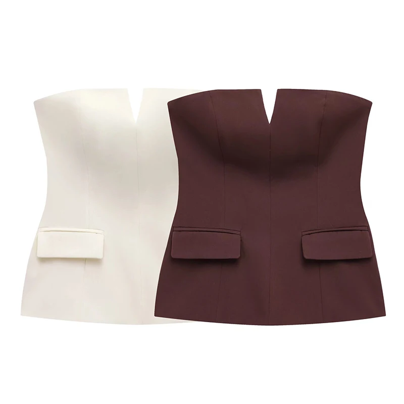Elegante top corto con hombros descubiertos para mujer, liso, sin espalda, con cremallera, tipo tubo, para oficina, verano 2025