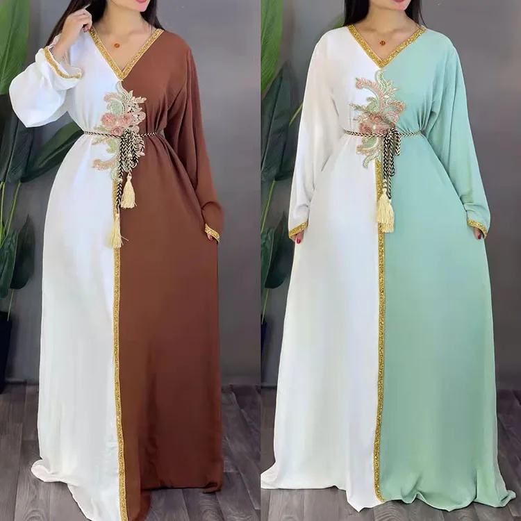 

Dubai Muslim Women's Dress Gold Pink Flower Piece Dress Ramadan Gurban V-neck Moroccan Caftan Fashion Women Clothing Abaya
