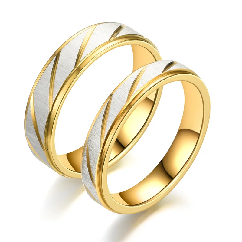Stainless Steel Gold Color Wave Pattern Rings for Couples Wedding Engagement Gifts Promise Jewelry
