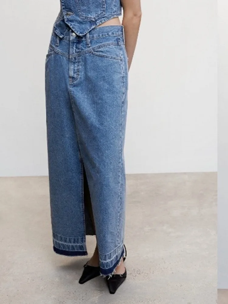 

Women Raw Edge Denim Long Skirt Spring Summer 2023 New All-Match Front Slit Straight Fashion Female Midi Jupe