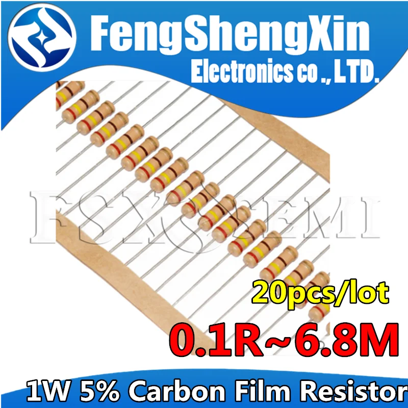 Carbon Film Resistor 20pcs/lot 1W 5% Carbon Film Resistor 0.1R ~ 1M 2.2R 10R 22R 47R 51R 100R 150R 470R 1K 4.7K 10K 47K 1 2.2 10 22 47 51 100 150 470