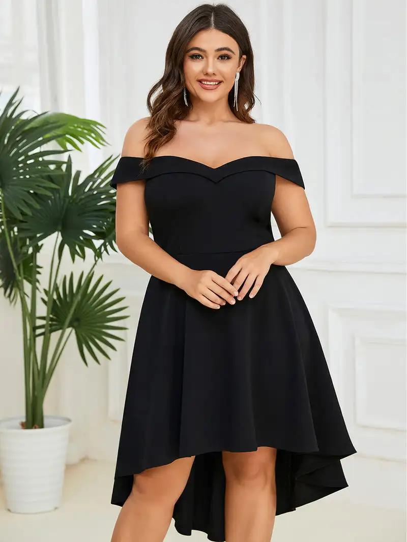 

Plus Size Evening Dresses Sexy Off Shoulders Asymmetric Hem Hidden zipper 2023 of A Line Black Bridesmaid Dress