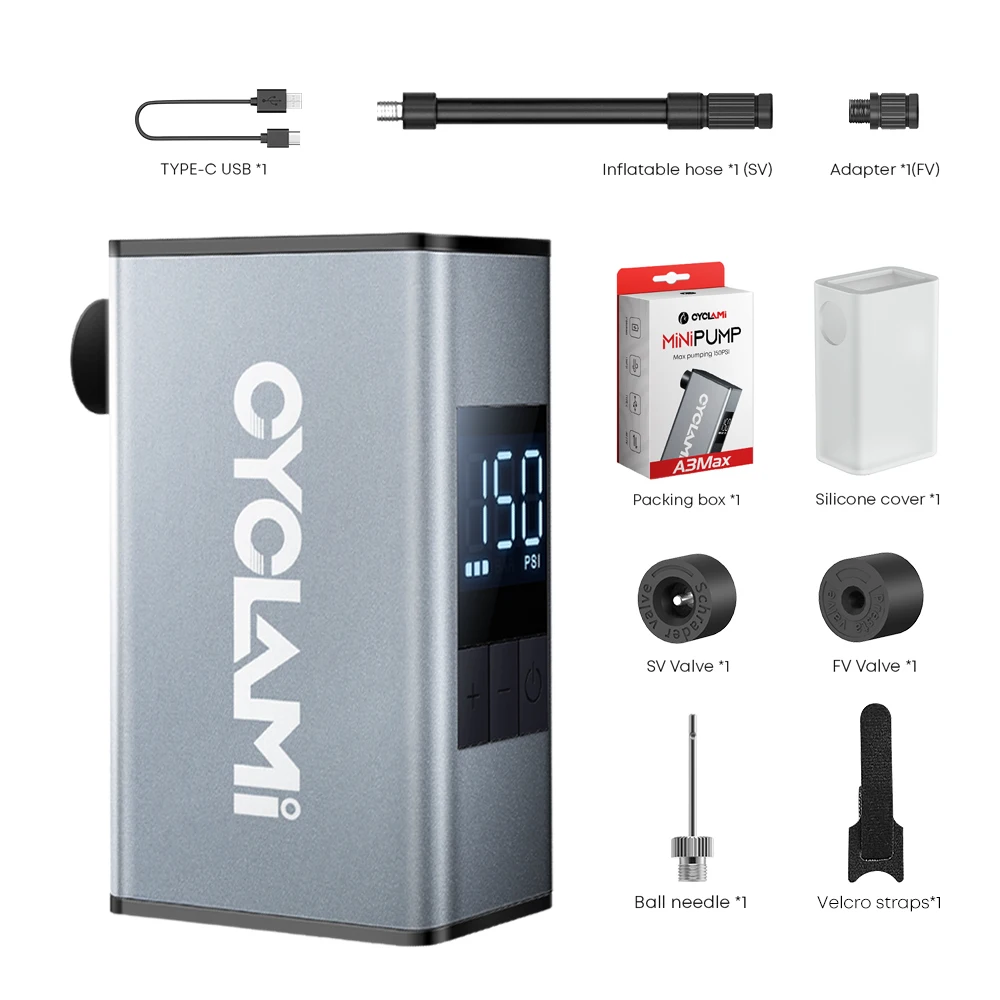 Liga de alumínio 150 psi bomba elétrica portátil bicicleta ar recarregável pneu inflator schrader presta válvula prata cyclami A3 MAX, Bomba de ar para bicicleta, Inflador Bomba elétrica para bicicleta