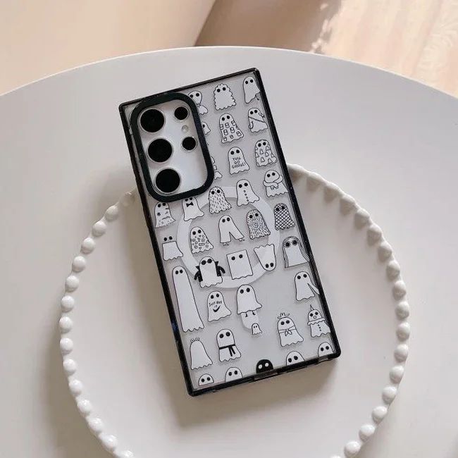 Cute Ghost MagSafe Acrylic Black Border Case for Samsung Galaxy S22 Ultra S23 Ultra S24 Ultra Cover Protective Shell