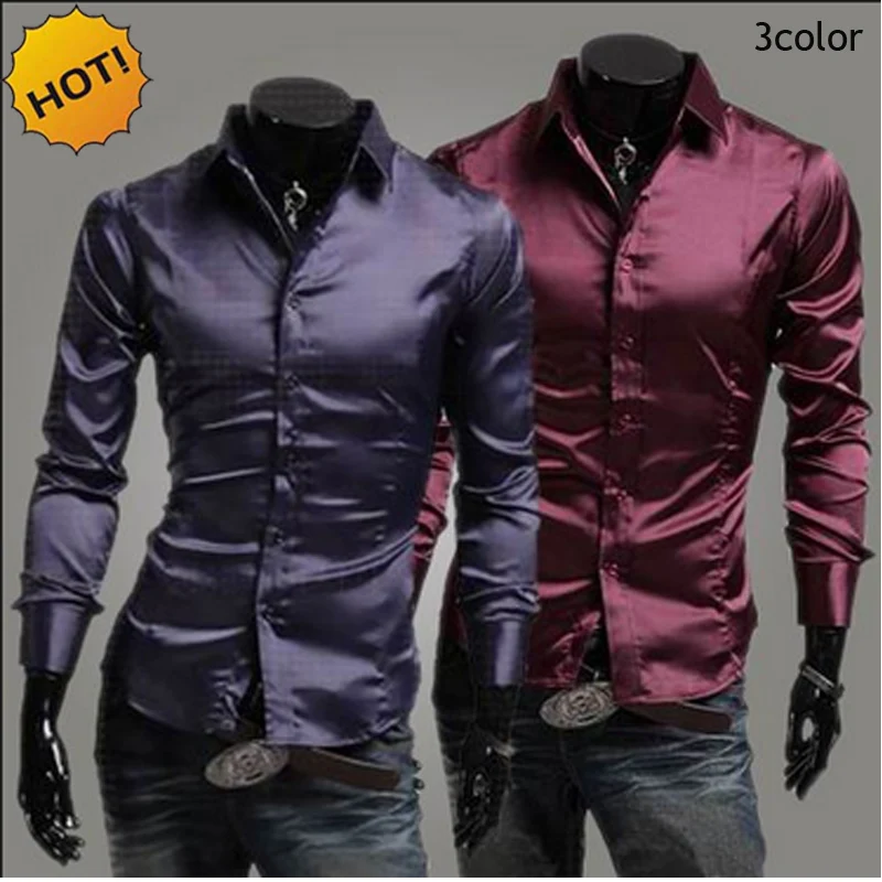 Mens dress shirt Men's emulation silk long-sleeve dress shirt