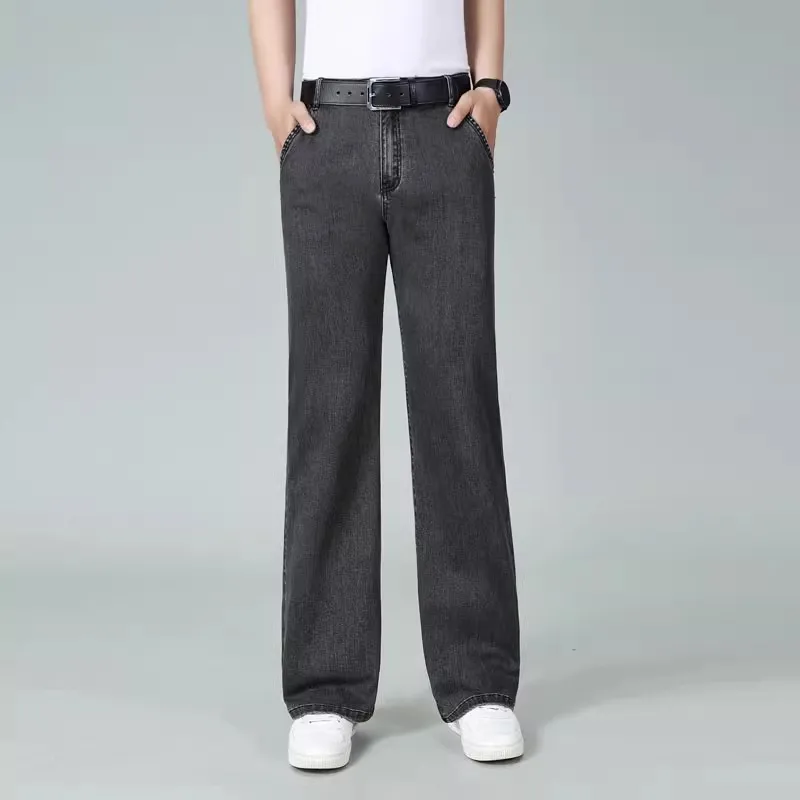 2024 Men's Spring And Autumn New High Waisted Elastic Straight Leg Jeans Loose Casual Wide Leg Pants 5