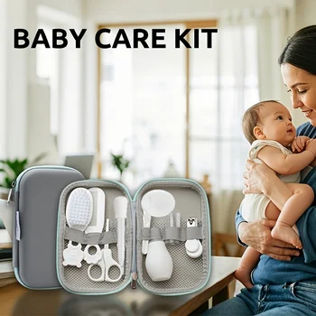 Set da 9 Pezzi per la Cura del Neonato con Custodia da Viaggio, Kit di Sicurezza con Contagocce, Aspiratore Nasale, Tagliaunghie, Pettine, Spazzole