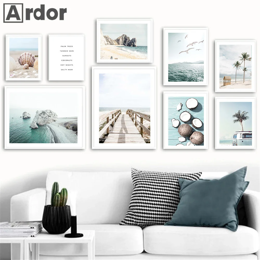 

Beach Sea Palm Tree Poster Bridge Leaf Turtle Seagull Shell Starfish Wall Art Canvas Painting Prints Summer Pictures Home Decor