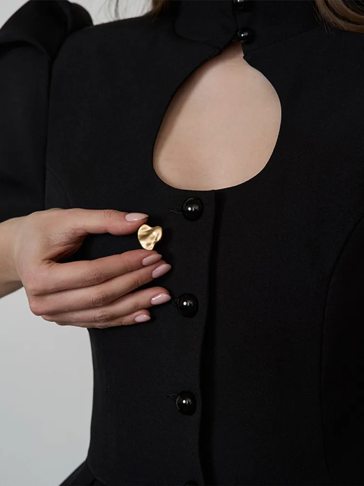 Ausgeschnittenes Puffärmel-Oberteil mit Taillenschnürung und Rüschensaum für Damen, Sexy Stehkragen, Einreihig, Schlankes Top, Schicke Damen-Partykleidung – Detail 19