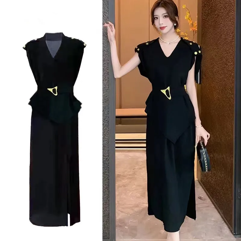 New Elegant Chic Women V Neck Black Midi Dress 2024 Fashion Summer ...