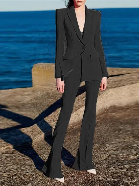 Runway Designer Suit Set Women 39s Single Button Blazer Flare Pants Suit