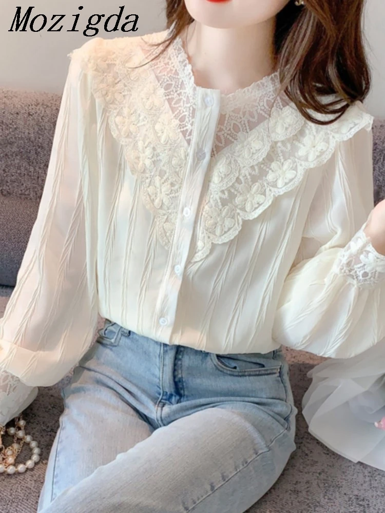 

Chiffon Spring Summer Shirts Tops Women Lace Patchwork Embroidery Fashion Sweet Ladies Blouses Long Sleeve Loose Woman Shirts