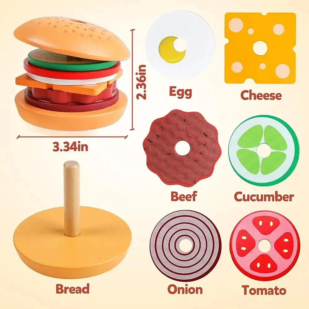 Wooden Stacking Toys Hamburger Shape Cognition Matching Kitchen Toys For Children