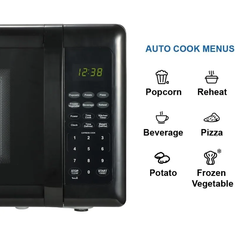 Compact countertop microwave with LED display, 700W, 10 power levels, 6 auto menus, glass turntable and child safety lock 6