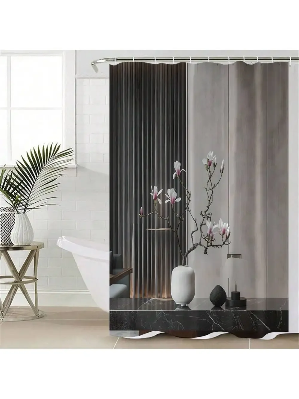 4pcs Modern style printing Shower Curtain Set With 12 Hooks, Anti-Slip Bathroom Mat, U-Shaped Toilet Rug, Bathroom Curtain Set 4
