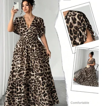 Plus Size Leopard Print Maxi Dress, Women's V Neck Drawstring Short Sleeve Tiered Long Dress, Boho High Waist A-Line Dress for S