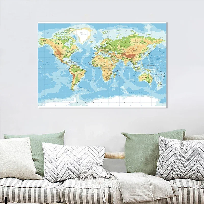 150*100cm Terrain Map of The World Wall Art Poster Large Canvas Painting Education School Supplies Office Classroom Home Decor
