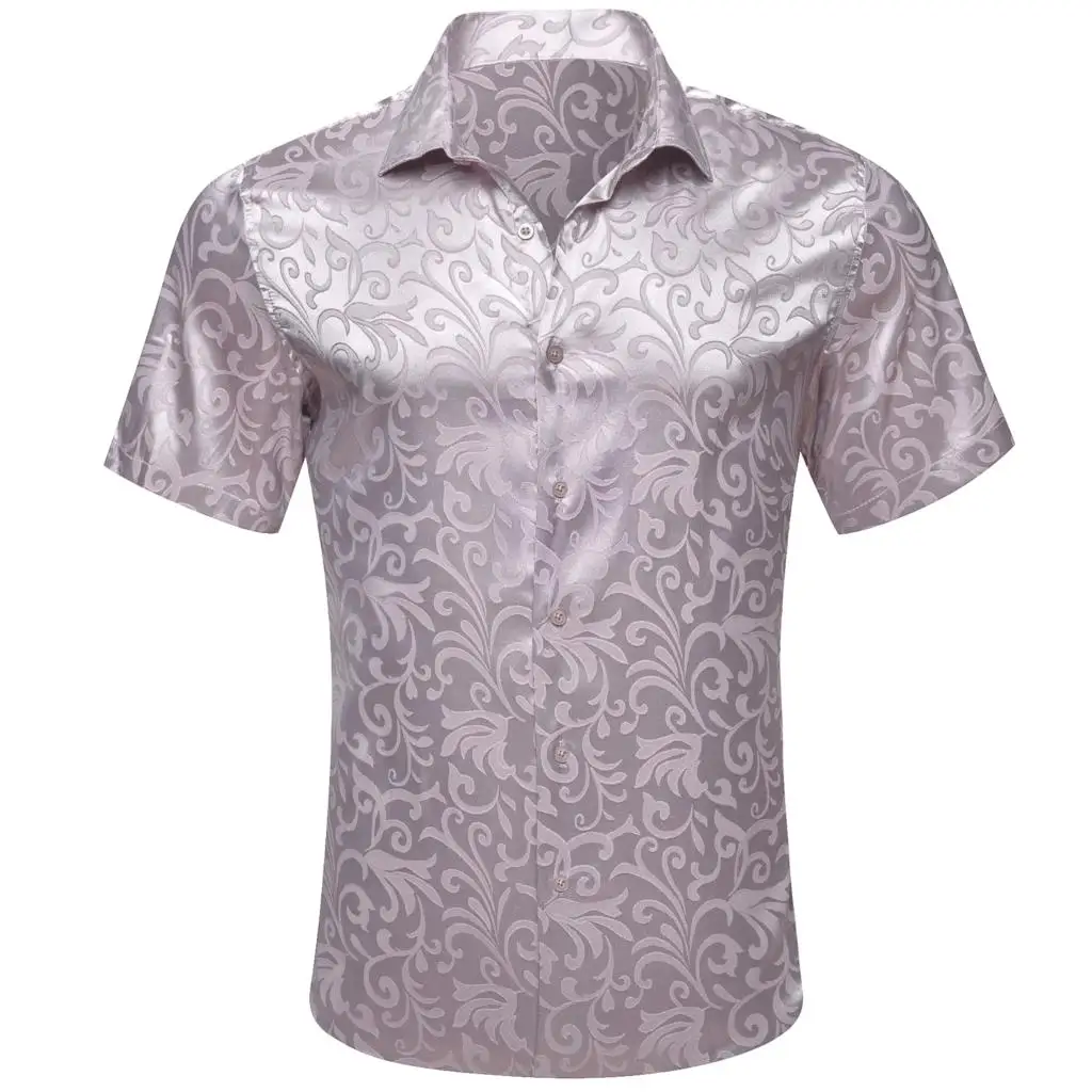 

Luxury Silk Shirts for Men Summer Short Sleeve Purple Flower Slim Fit Blouses Casual Lapel Tops Breathable Barry Wang