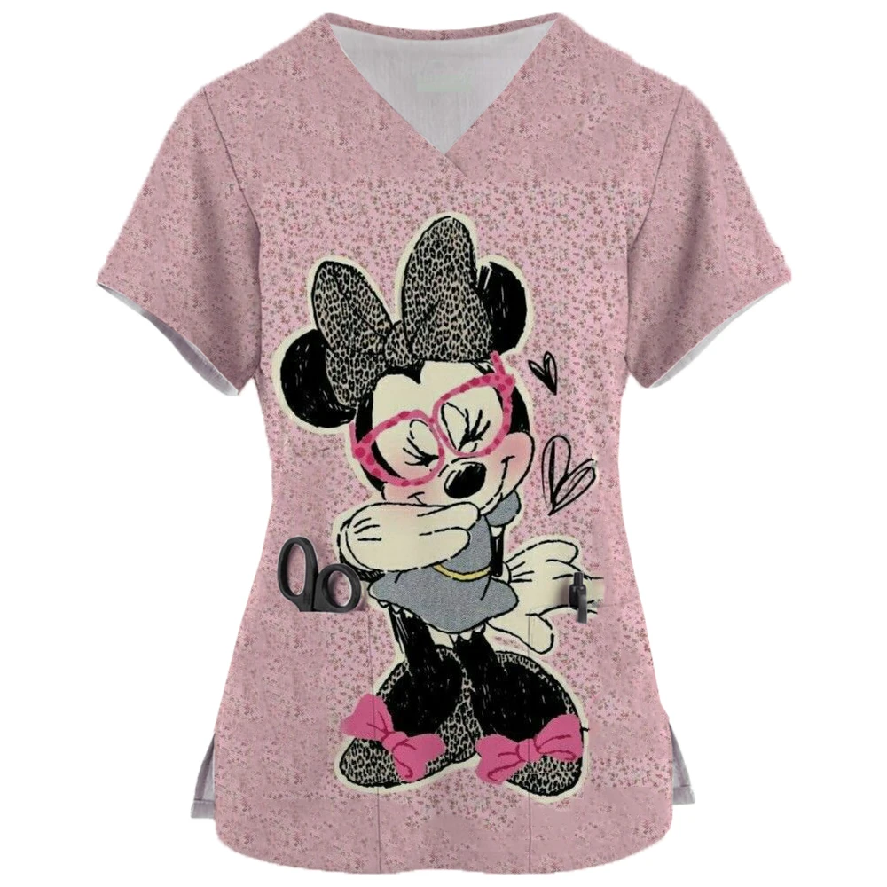 

2024 New Minnie Mouse Print Nurse Medical Uniforms V-neck Short Sleeve Pocket Workwear Top Scrubs Medical Accessories Uniform