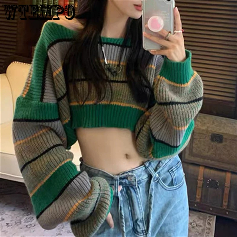 

WTEMPO American Retro Short Color Matching Striped Sweaters Spring Fall New Knitted Pullovers Loose Casual Knitwear Streetwear