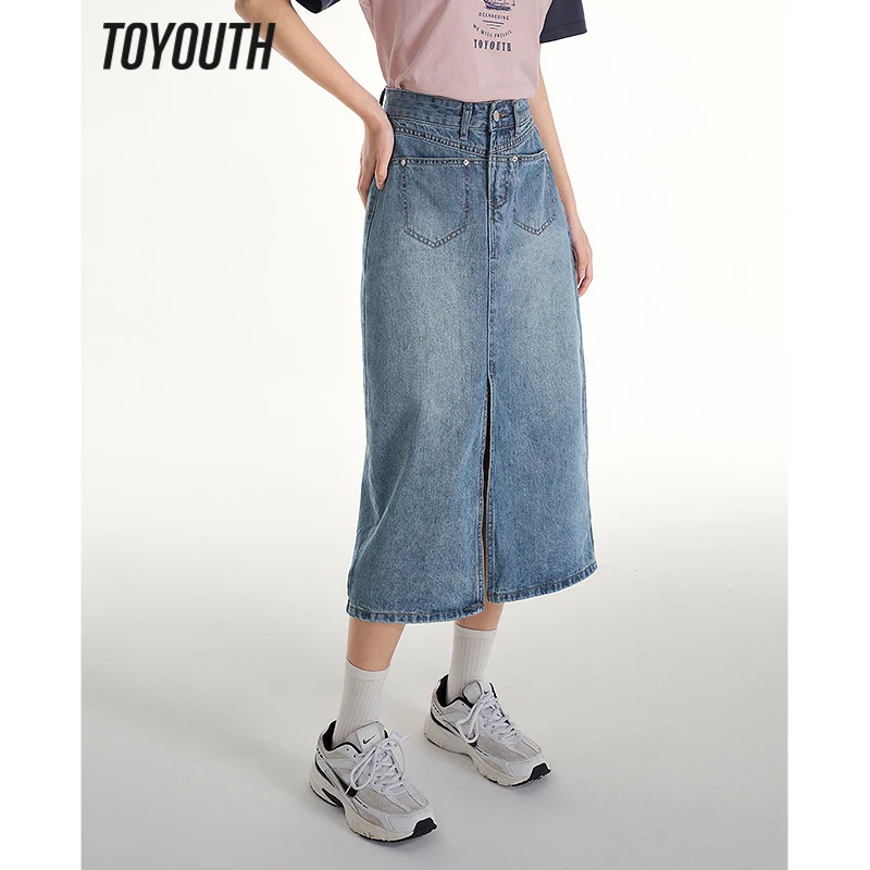 

Toyouth Women Denim Skirt 2023 Summer High Waist A-shaped Design Pockets Split Hem Vintage All Match Mid-length Skirt