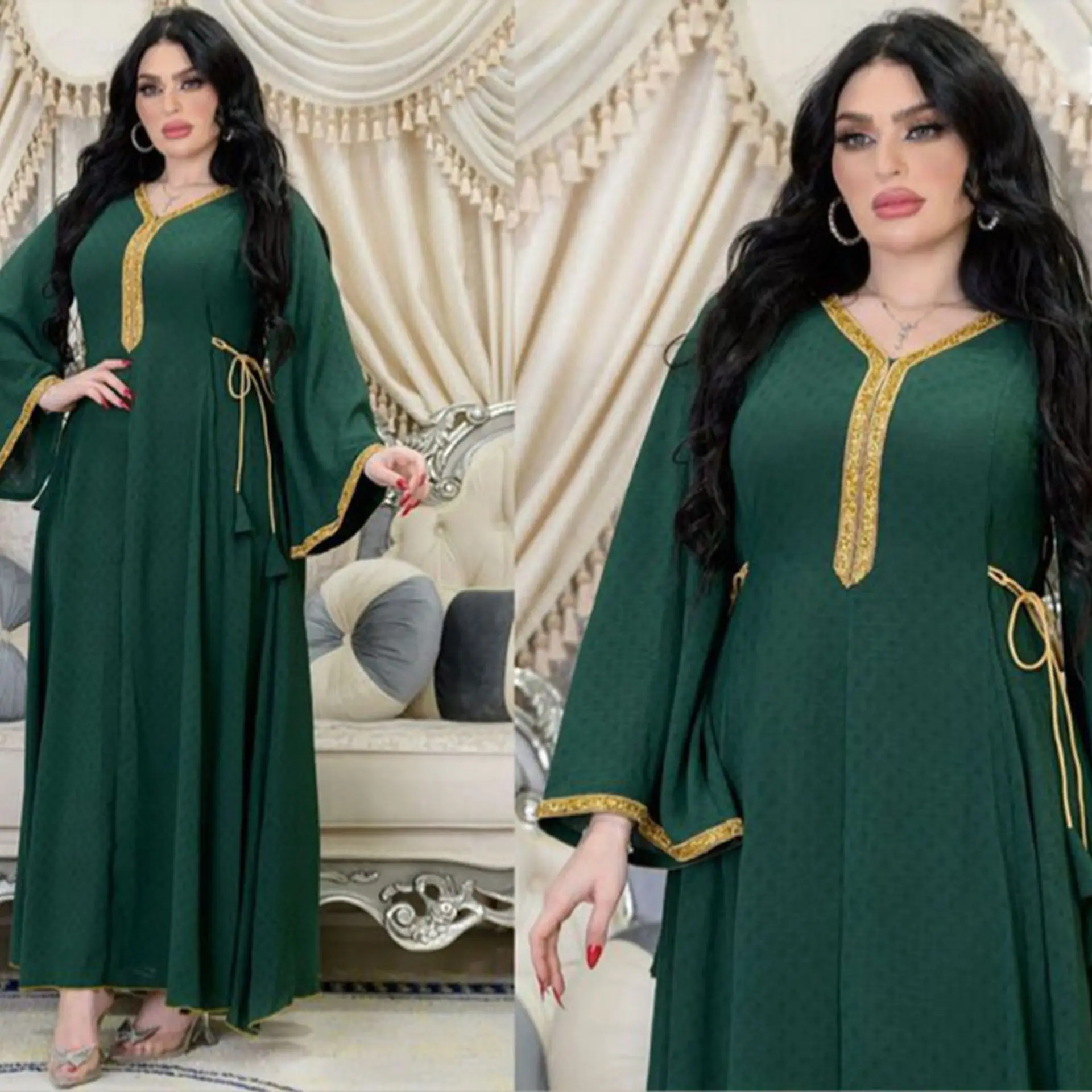 

Abaya Women Muslim Eid Dress Turkey Dubai V Neck Robe Abayas Party Dresses Lace Up Morocco Ramadan Jalabiya Caftan Kaftan