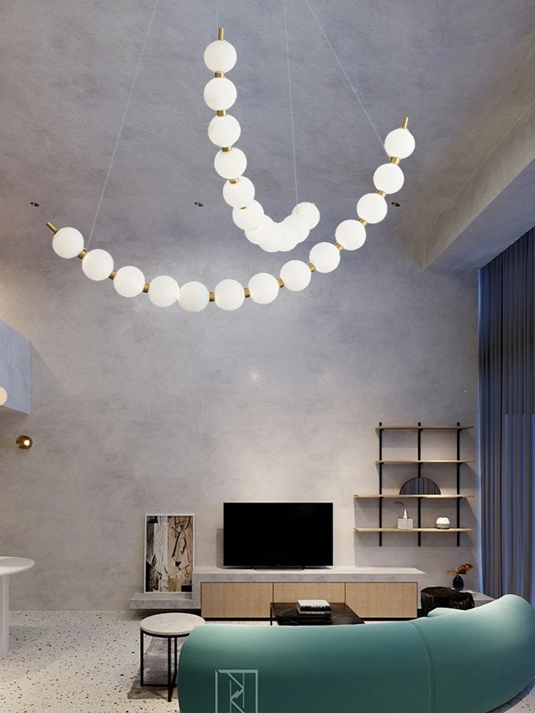 Post-modern Art Designer Creative White Beads Necklace Chandelier Hotel Lobby Restaurant Pendent Ceiling Lamp Brass