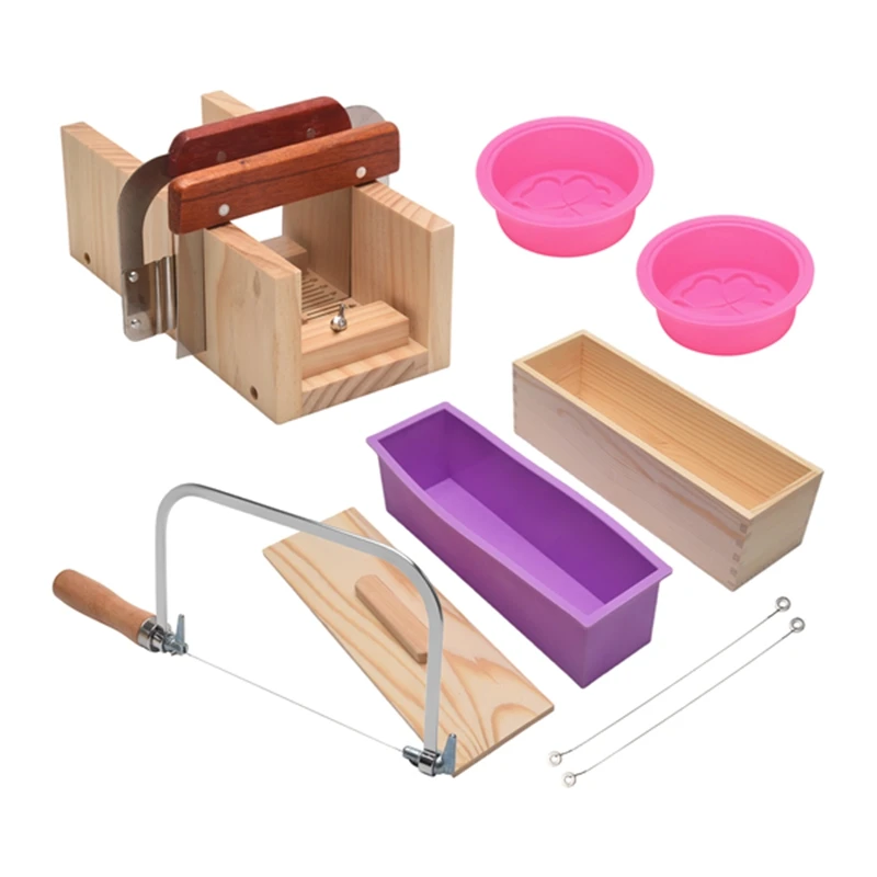 New 9PCS Silicone Soap Molds Kit,Rectangular Wooden Silicone Soap Mold Cutter Slicerhandmade DIY For Cake Making