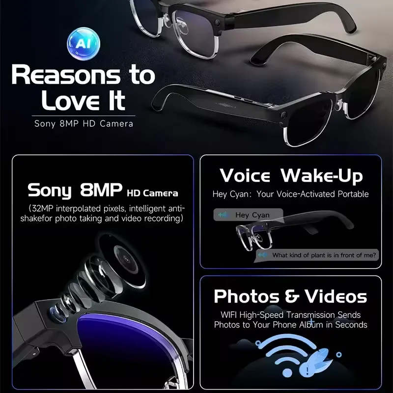 2026New AI Smart Glasses 120 + Traduzione linguistica 800W Pixel Camera Video Lettore musicale Chiamata Business 8K Cambia colore Occhiali da uomo - immagine 4