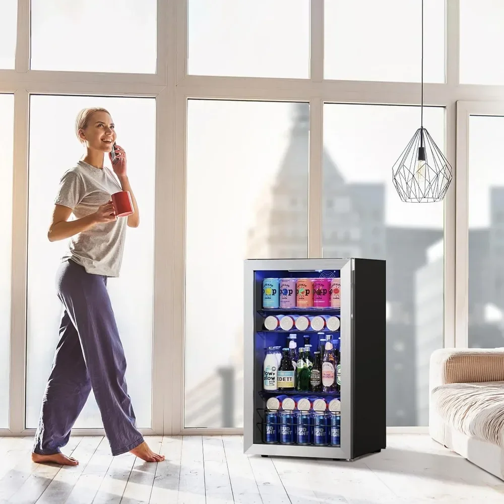 Wine Refrigerators, 140 Can Mini Fridge Freestanding Cooler with Glass Door, 3.35 Cu.Ft Beverage Fridge