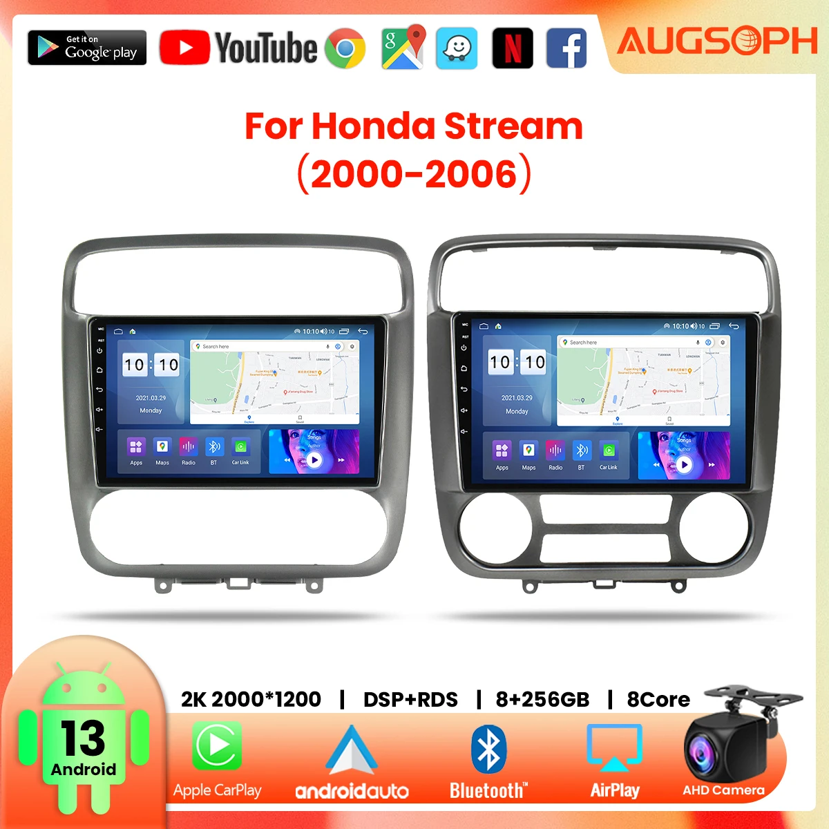 

Автомобильный радиоприемник Android 13 для Honda STREAM 2000-2006, 9 дюймов 2K мультимедийный плеер с 4G Carplay DSP и 2Din GPS
