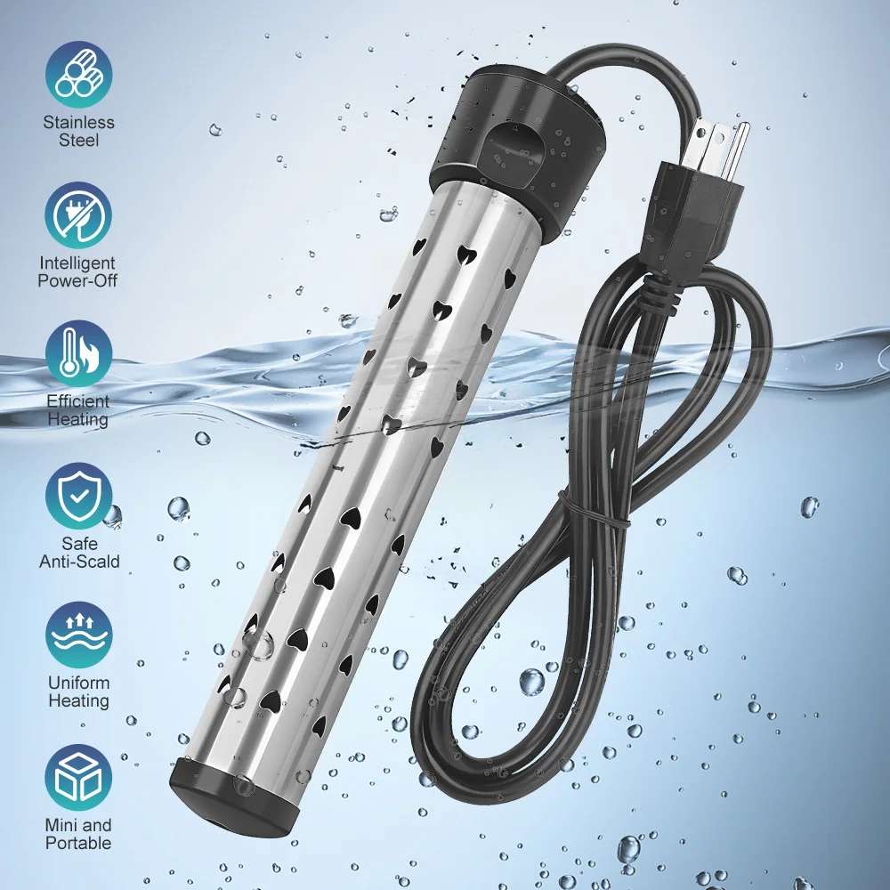 US Plug Immersion Heater Stainless Steel Electric Water Heating Rod Auto Power Off Anti-Scald Portable Immersion Water Heater for Bathtub Bucket Inflatable Pool 1