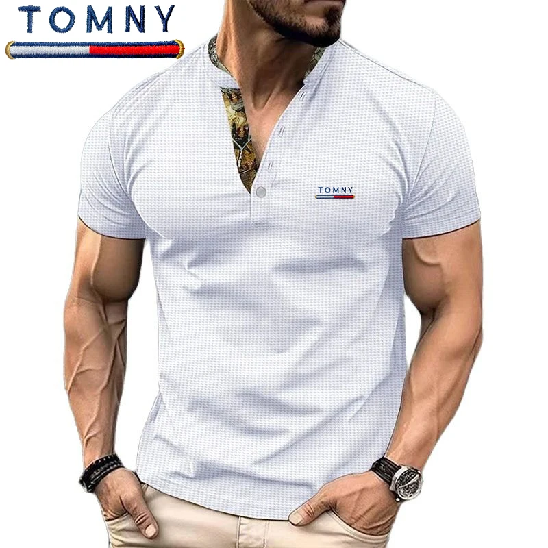 

Embroidered men's POLO short sleeved T-shirt, European and American style Henry collar design, fashionable waffle round neck top