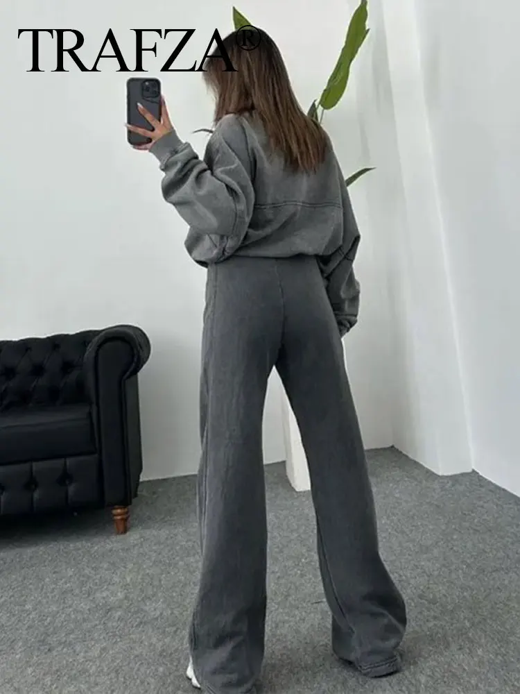 HH Bomber Jacket Pant Set For Women Casual Long Sleeve Zipper Coat Vintage Solid Sweatshirt Suit Autumn Woman Streetwear