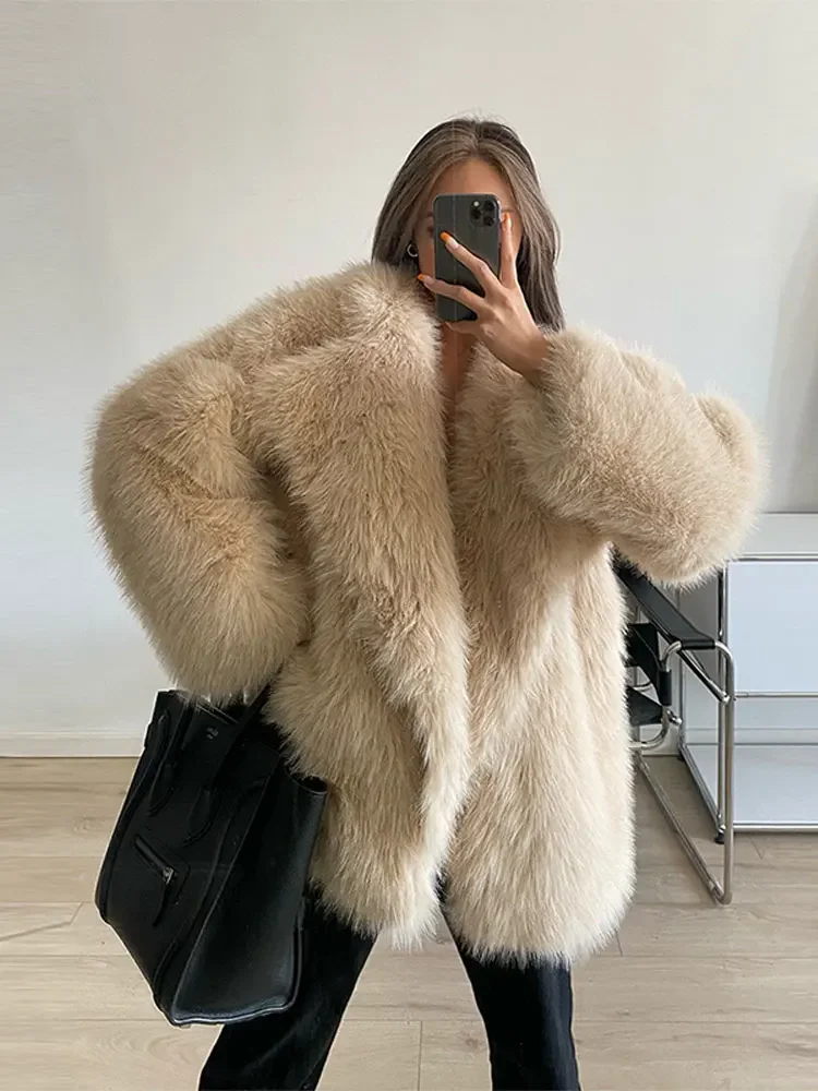 Chic Fluffy Lapel Women Faux Fur Coat Winter Female Warm Cardigan Jacket Lady Long Sleeve Plush High Street Luxury Overcoat winter new faux fur long coat women luxury turn down collar thick warm overcoat female long sleeve pocket plush coats mujer