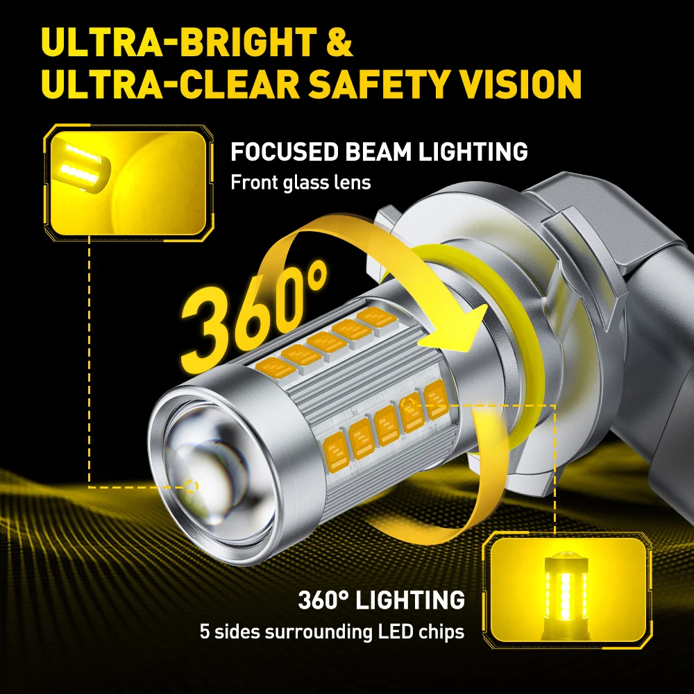 AUXITO 2개 9006 HB4 LED 안개등 3000k 노란색 DRL 주행등 6500K 흰색 프로젝터 렌즈 360 포함 °   조명 9006 LED 전구 12V