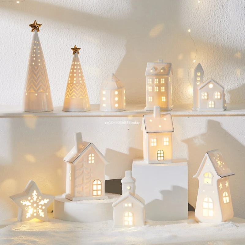 セラミック製のクリエイティブな装飾品、小さな家、クリスマスデコレーション、クリスマスの光る雪の家、ホームファニシング、INS風の装飾品 -  AliExpress クリスマス 北欧セラミック小さな家 発光雪の家 クリスマスデコレーション クリスマスオーナメント (白いセラミックランプ 4つの組み