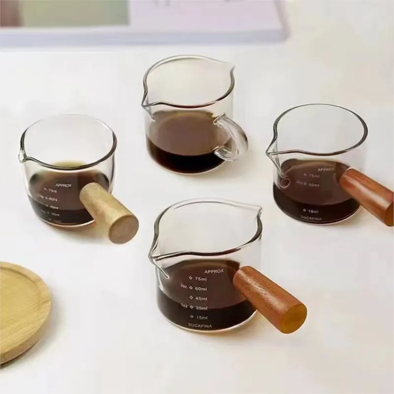 Wood Handle Glass Coffee Mini Milk Cup Espresso Measuring Cup Double/Single Mouth Kitchen Sauce Dish Measure Mug 50/75/100ml for Measuring Cup